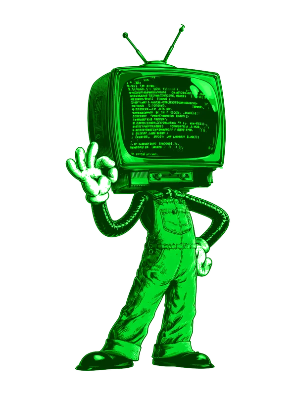 Mascota de Wrong Theory OS: personaje retro con cabeza de televisor mostrando código verde